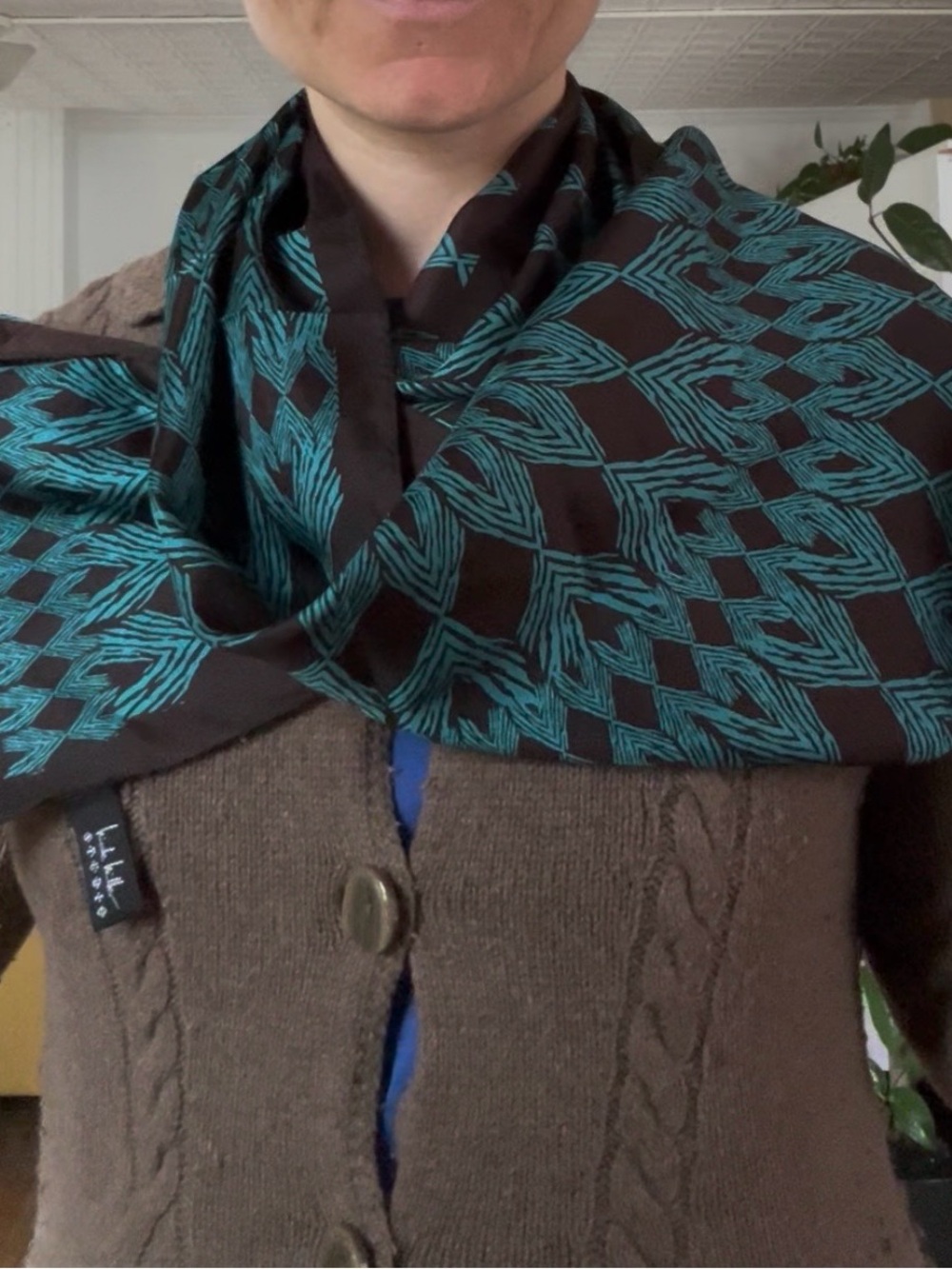 Nicole Miller Pure Silk Black Scarf with Teal Geometric Pattern